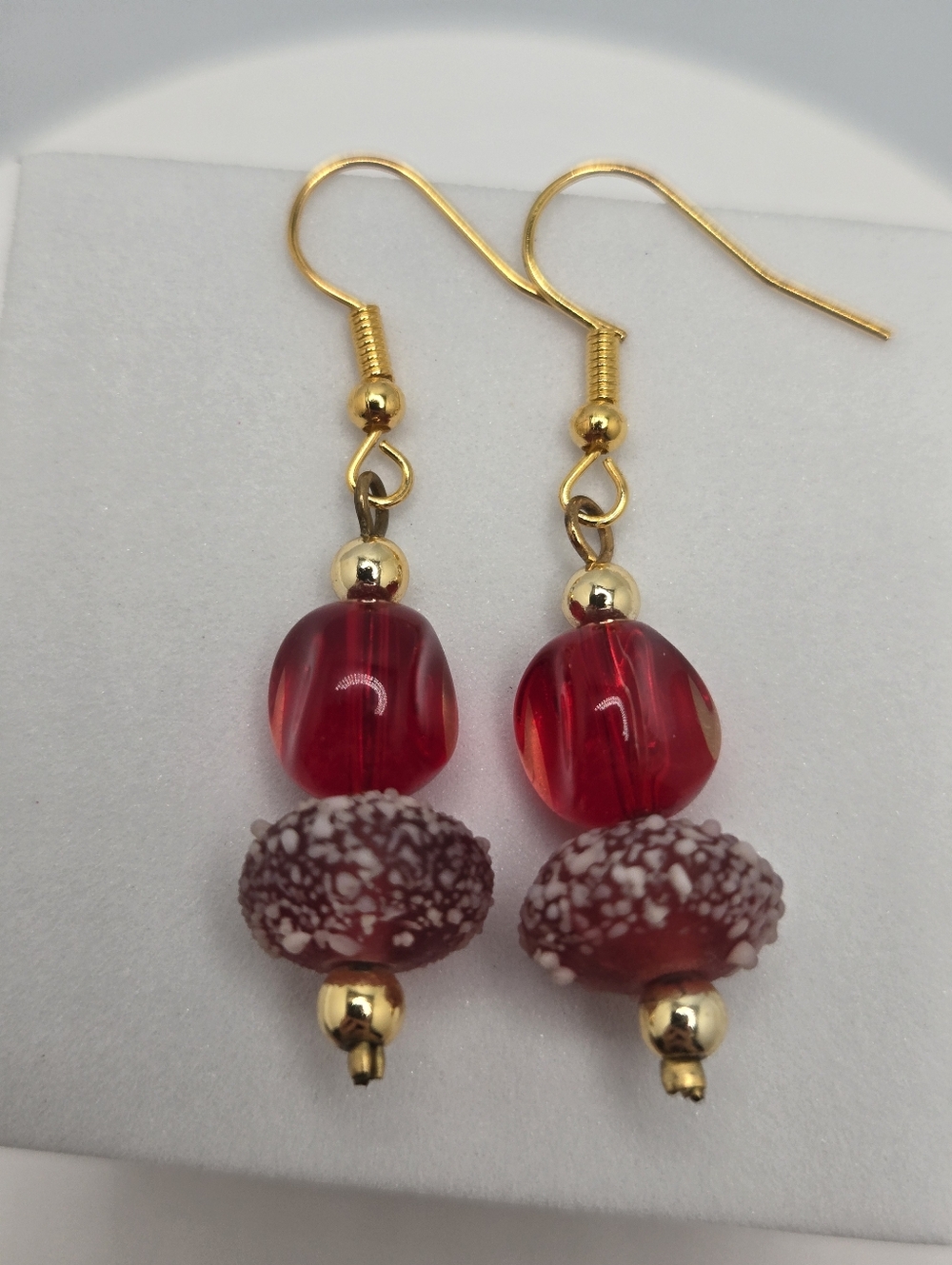 Handmade Garnet Red Beaded Earrings Tiered Glass Raspberry Bead Dangle 1.75"